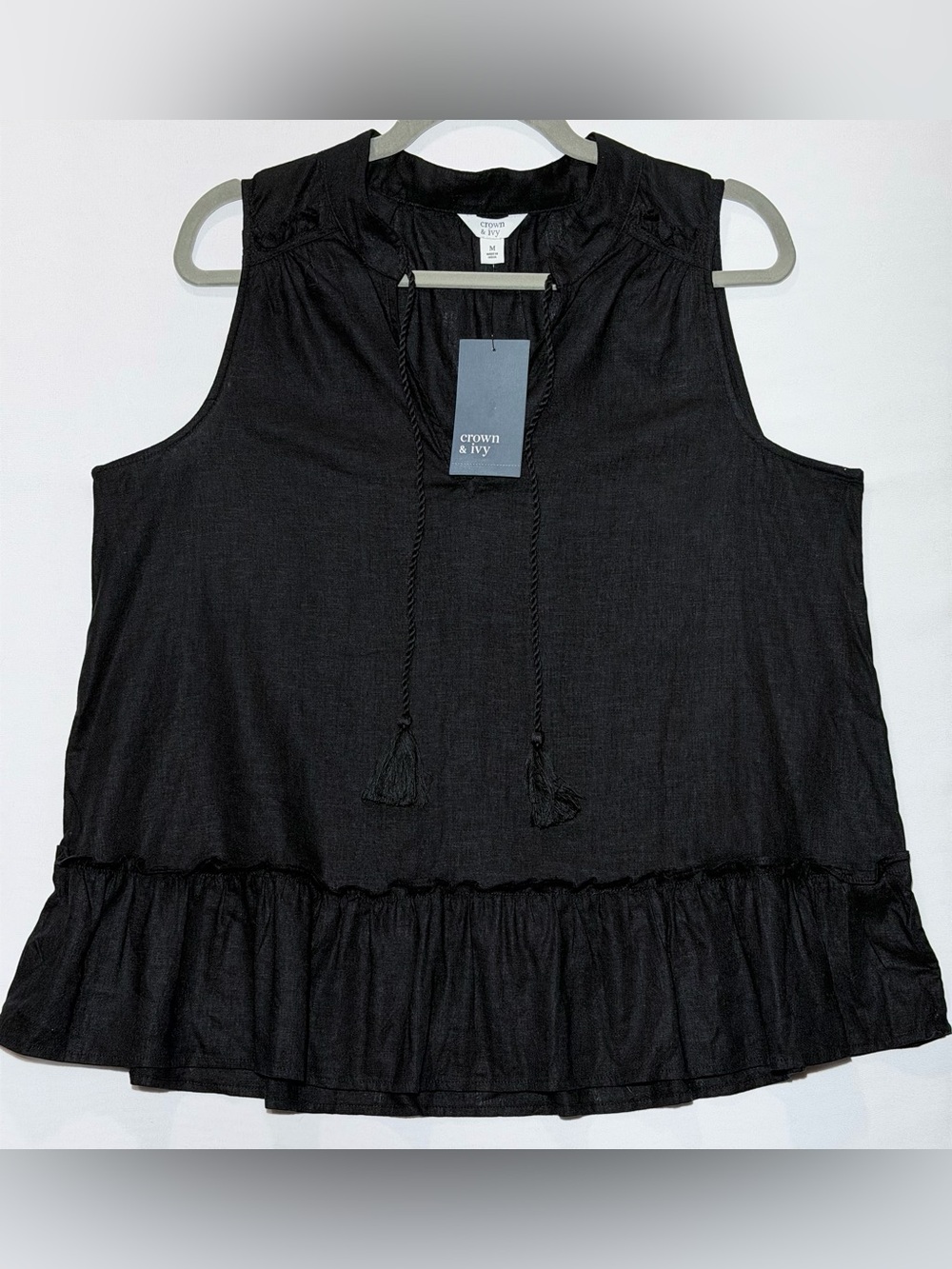 *Crown & Ivy* True Black Sleeveless Tassel Tie Ruffle-Hem Camisole
